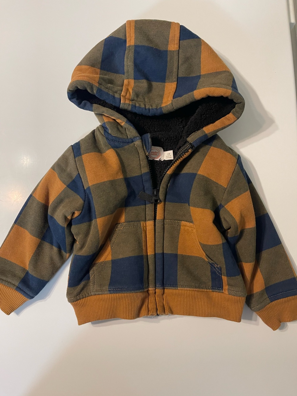 12m wonder nation Hooded Plaid Puffer Jacket in Navy & Mustard